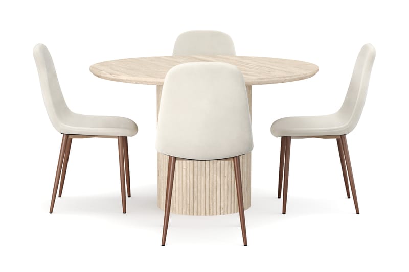 Uppveda Runt Matbord 130cm Travetin utseende med 4 st Nibe Matstolar - Beige - Möbler - Bord & matgrupp - Matgrupp
