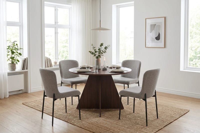 Vera Matgrupp runt 110 cm Valnöt med 4 Elsie Matstolar - Valnöt/Ljusgrå - Möbler - Bord & matgrupp - Matgrupp