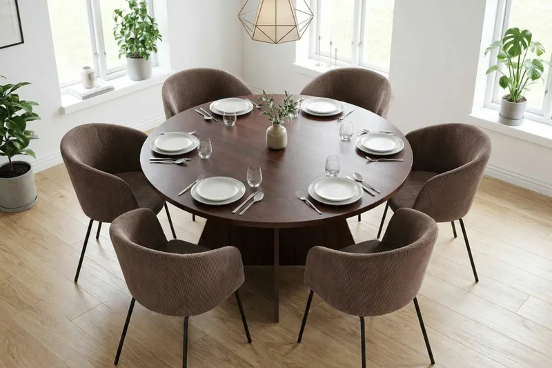 Vera Matgrupp runt 130 cm Valnöt med 6 Berit Matstolar - Valnöt - Möbler - Bord & matgrupp - Matgrupp