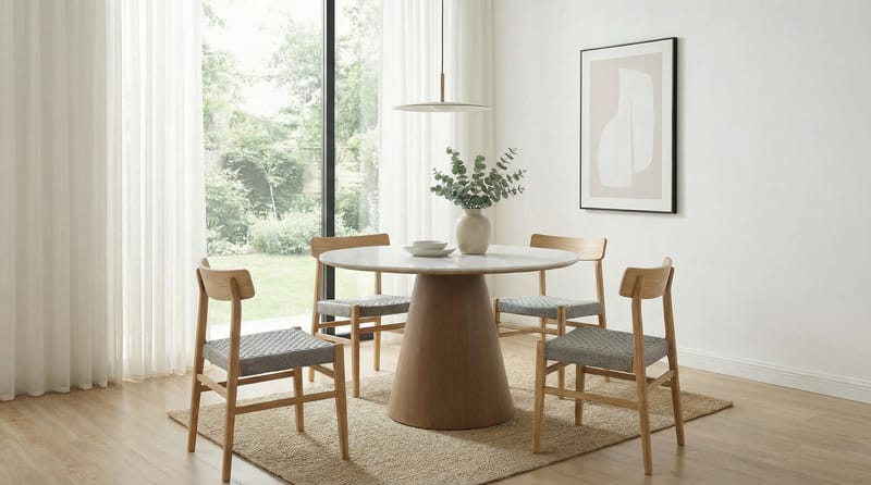 Zelnor Runt matbord 120 cm med sintrad stenskiva i marmorlook - vit marmoreffekt valnötseffekt - Möbler - Bord & matgrupp - Marmorbord