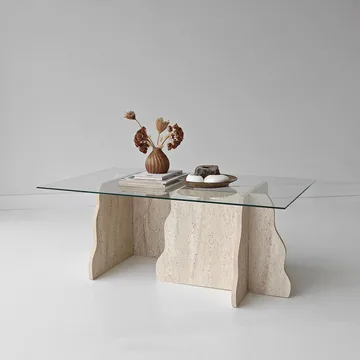 Zevric Soffbord 65x105 cm Rektangulär Glas - Travertin Och Transparent - Möbler - Bord & matgrupp - Soffbord