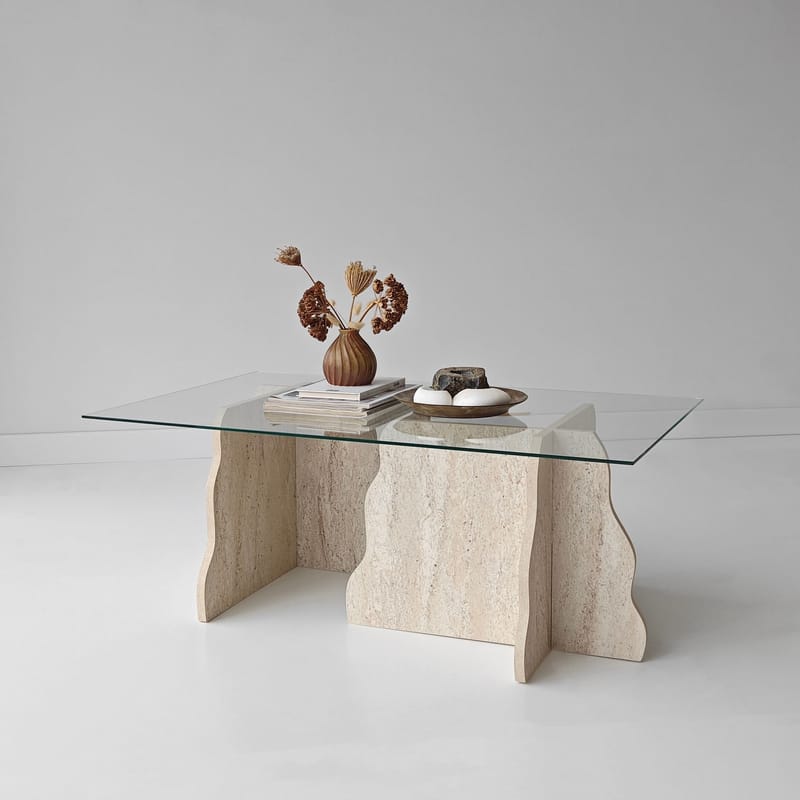 Zevric Soffbord 65x105 cm Rektangulär Glas - Travertin Och Transparent - Möbler - Bord & matgrupp - Soffbord