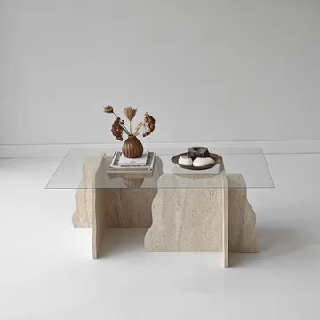 Zevric Soffbord 65x105 cm Rektangulär Glas - Travertin Och Transparent - Möbler - Bord & matgrupp - Soffbord