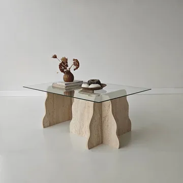 Zevric Soffbord 65x105 cm Rektangulär Glas - Travertin Och Transparent - Möbler - Bord & matgrupp - Soffbord