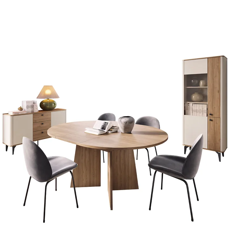Zeyrin Möbelset vardagsrum - Skänk + Vitrinskåp + Matbord 120 cm, Brun|beige