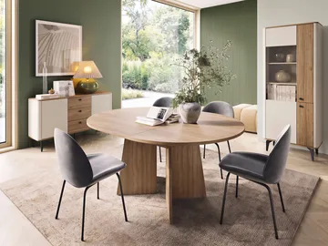 Zeyrin Möbelset vardagsrum - Skänk + Vitrinskåp + Matbord 120 cm - Brun|beige - Förvaring - Förvaringsmöbler - Möbelset för vardagsrum