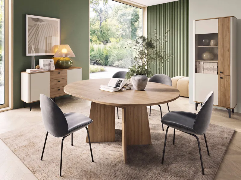 Zeyrin Möbelset vardagsrum - Skänk + Vitrinskåp + Matbord 120 cm - Brun|beige - Förvaring - Förvaringsmöbler - Möbelset för vardagsrum