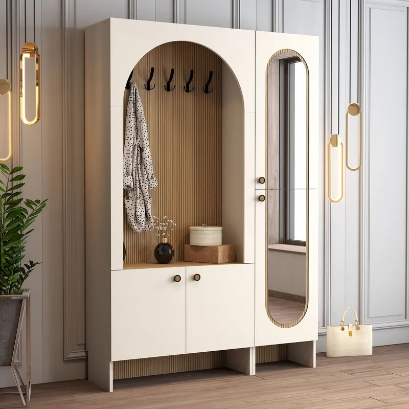 Ayleid Hallmöbel med spegel 200 cm - Kräm / Ek - Möbler - Hallmöbler - Möbelset för hall & entre