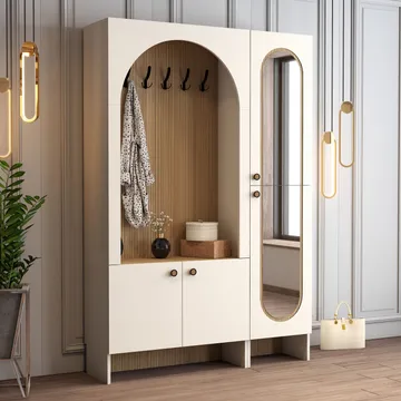 Ayleid Hallmöbel med spegel 200 cm - Kräm / Ek - Möbler - Hallmöbler - Möbelset för hall & entre