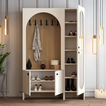 Ayleid Hallmöbel med spegel 200 cm - Kräm / Ek - Möbler - Hallmöbler - Möbelset för hall & entre
