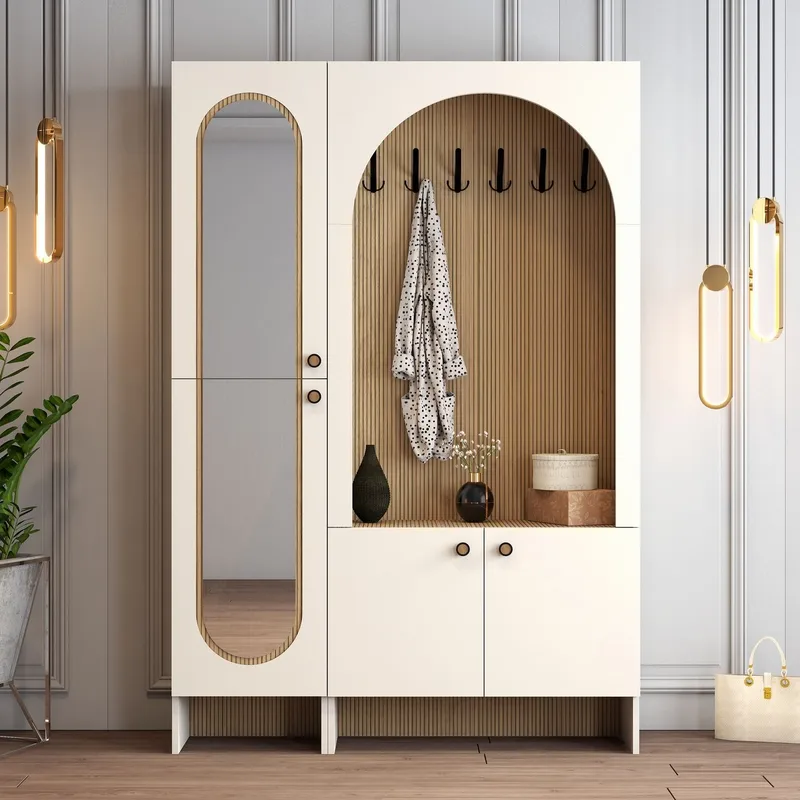 Ayleid Hallmöbel med spegel 200 cm - Kräm / Ek - Möbler - Hallmöbler - Möbelset för hall & entre