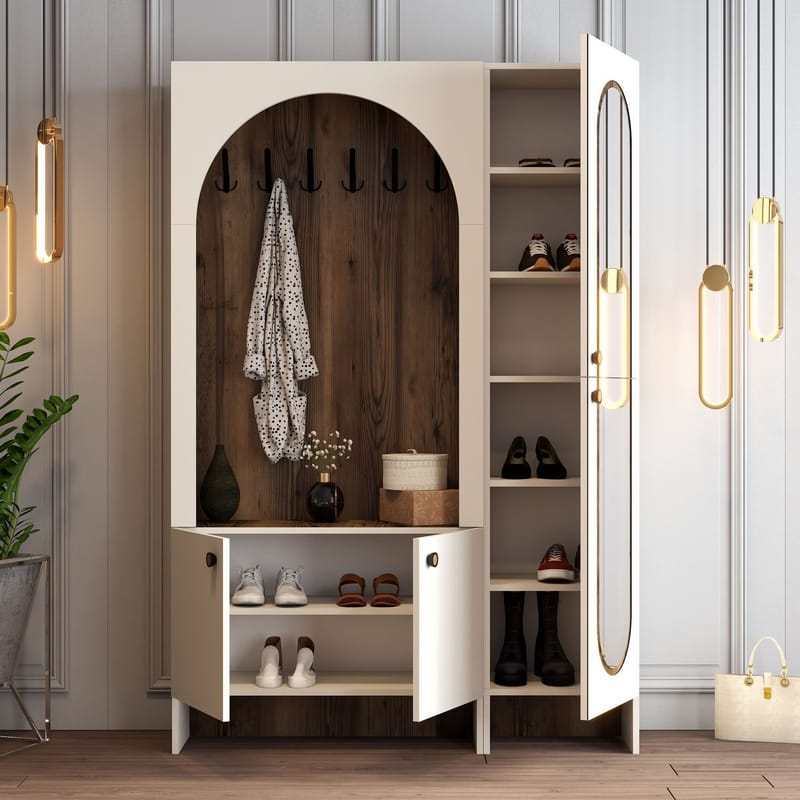 Ayleid Hallmöbel med spegel 200 cm - Kräm / Valnöt - Möbler - Hallmöbler - Möbelset för hall & entre