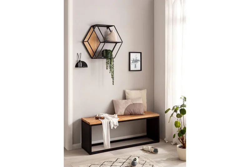 Bänk Wohnling Industriellt massivt trä, Akacia sits med stenvy, metallram - Möbler - Hallmöbler - Hallbänk