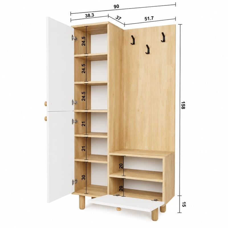 Faylen Hallmöbel 90x173x37 cm - Vit och ek - Möbler - Hallmöbler - Möbelset för hall & entre