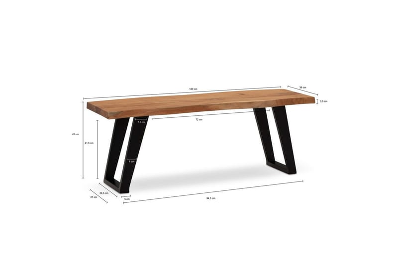 Kapprumsbänk Wohnling Massivt Akaciaträ 120 cm Träkant Hall Svart, vinklade löpare - Svart, vinklade löpare - Möbler - Hallmöbler - Hallbänk