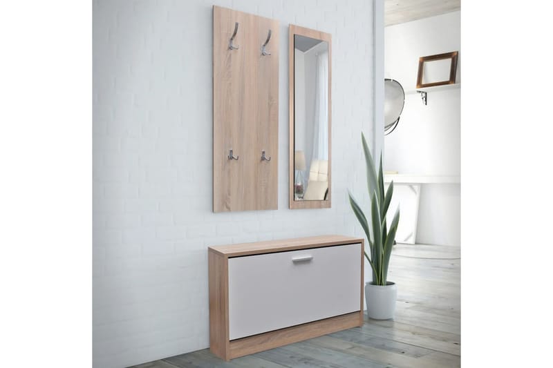 Skoskåp 3-i-1 med spegel och hängare ek vit - Brun - Möbelset för hall & entre