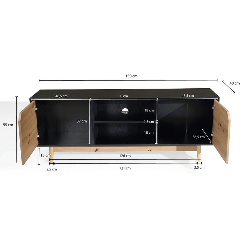 Alaro TV-bänk 150 cm - Svart med ekfärgade fronter/ben - Möbler - TV- & Mediamöbler - TV bänk & mediabänk