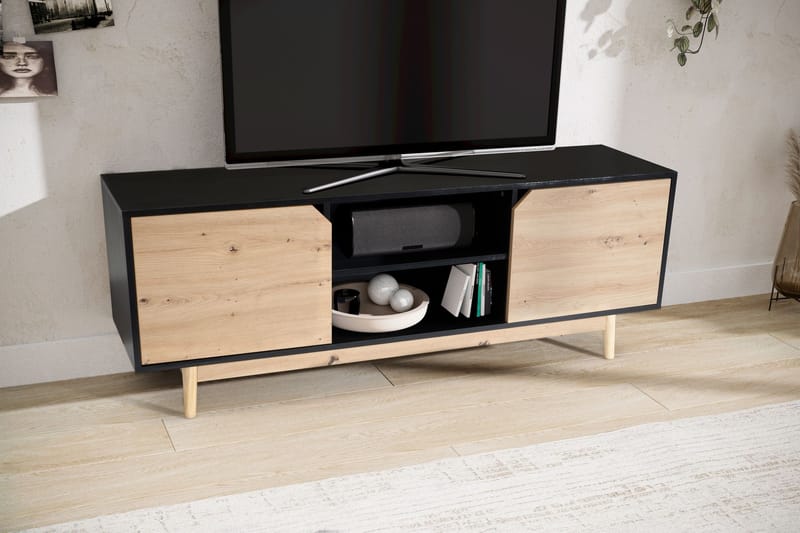 Alaro TV-bänk 150 cm - Svart med ekfärgade fronter/ben - Möbler - TV- & Mediamöbler - TV bänk & mediabänk