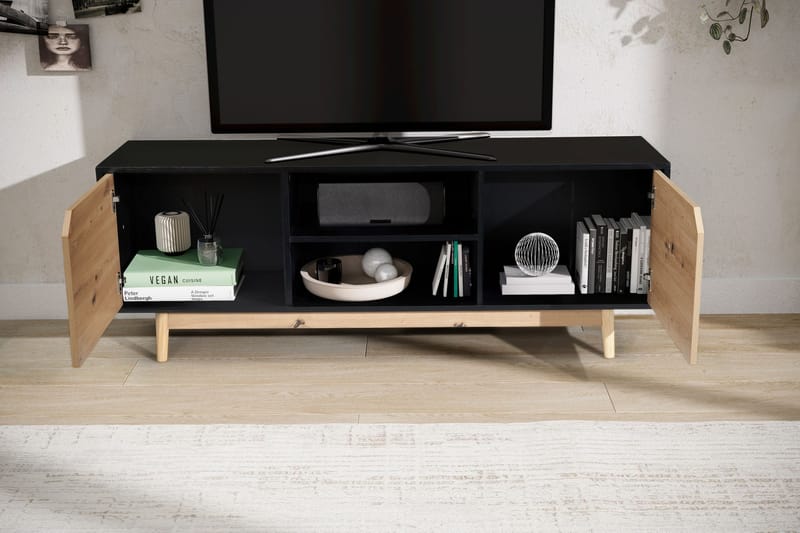 Alaro TV-bänk 150 cm - Svart med ekfärgade fronter/ben - Möbler - TV- & Mediamöbler - TV bänk & mediabänk