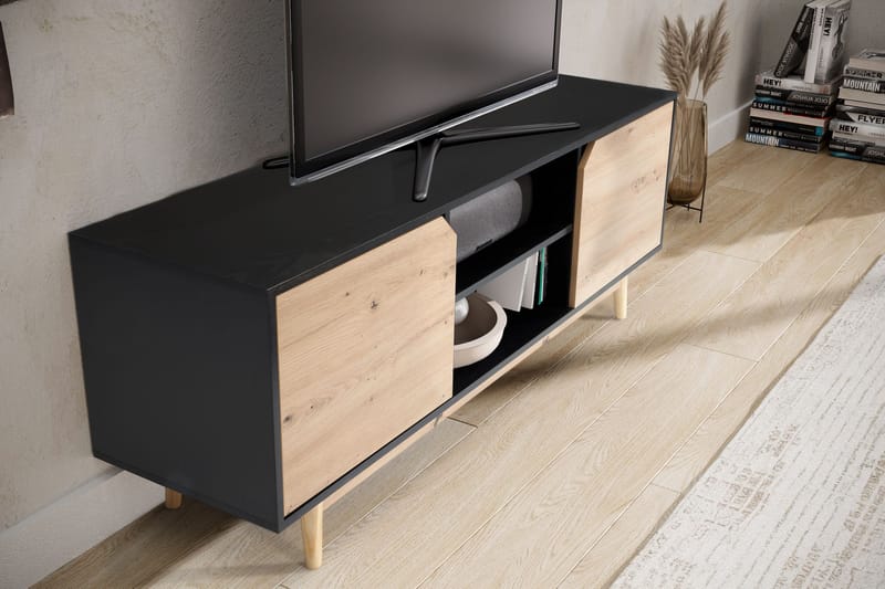 Alaro TV-bänk 150 cm - Svart med ekfärgade fronter/ben - Möbler - TV- & Mediamöbler - TV bänk & mediabänk