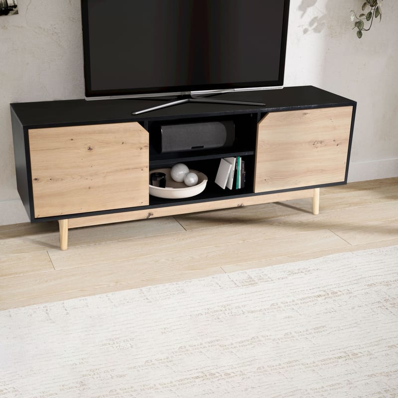 Alaro TV-bänk 150 cm - Svart med ekfärgade fronter/ben - Möbler - TV- & Mediamöbler - TV bänk & mediabänk