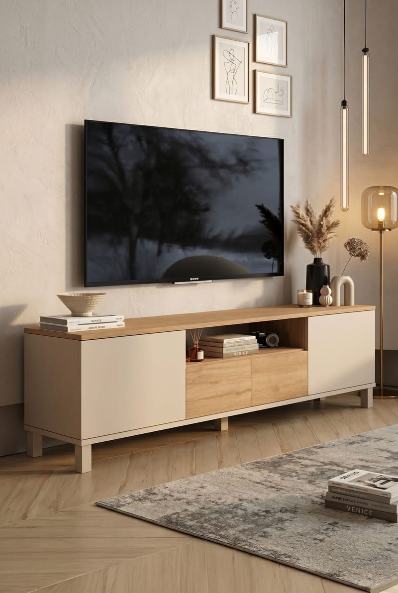 Aldarte TV-bänk 180x49,2x35 cm - Sand och ek - Möbler - TV- & Mediamöbler - TV bänk & mediabänk