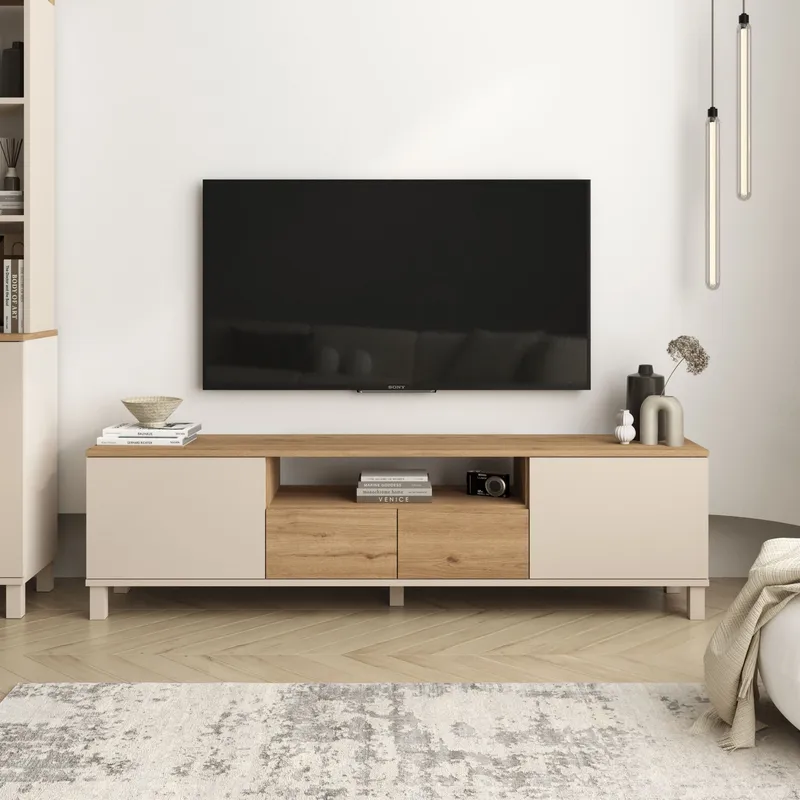 Aldarte TV-bänk 180x49,2x35 cm - Sand och ek - Möbler - TV- & Mediamöbler - TV bänk & mediabänk