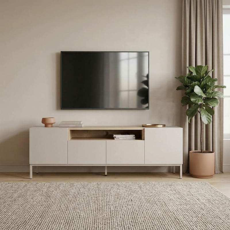 Arvold TV-bänk 160x50x35 cm - Sandstone och Sapphire Oak - Möbler - TV- & Mediamöbler - TV bänk & mediabänk