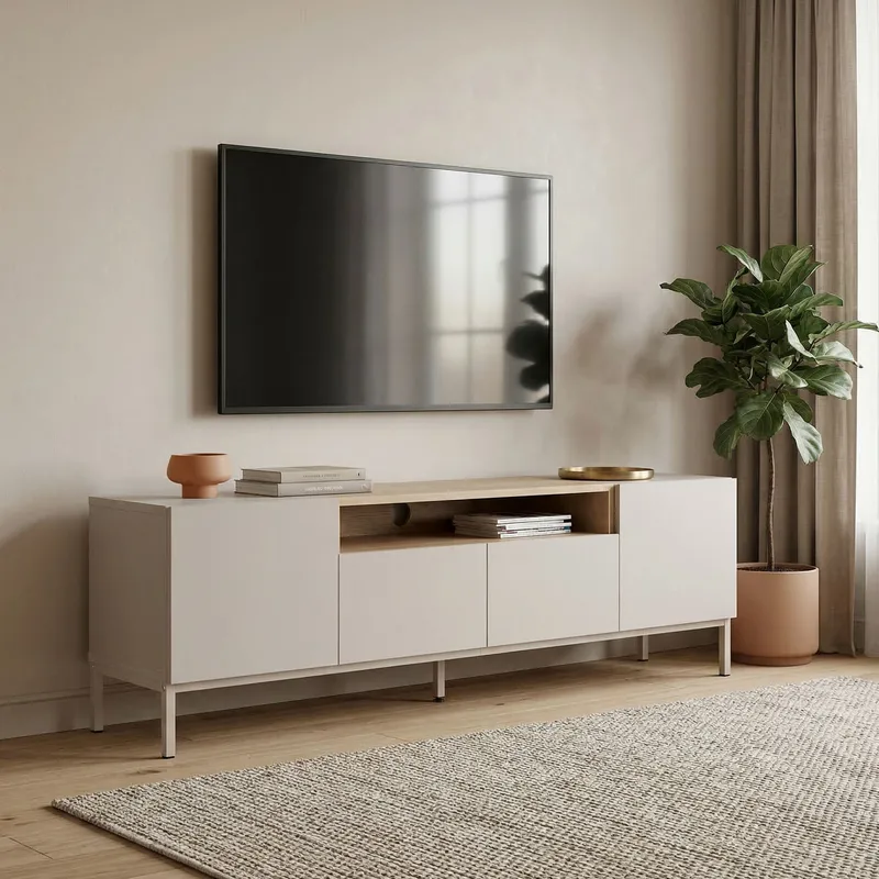 Arvold TV-bänk 160x50x35 cm - Sandstone och Sapphire Oak - Möbler - TV- & Mediamöbler - TV bänk & mediabänk