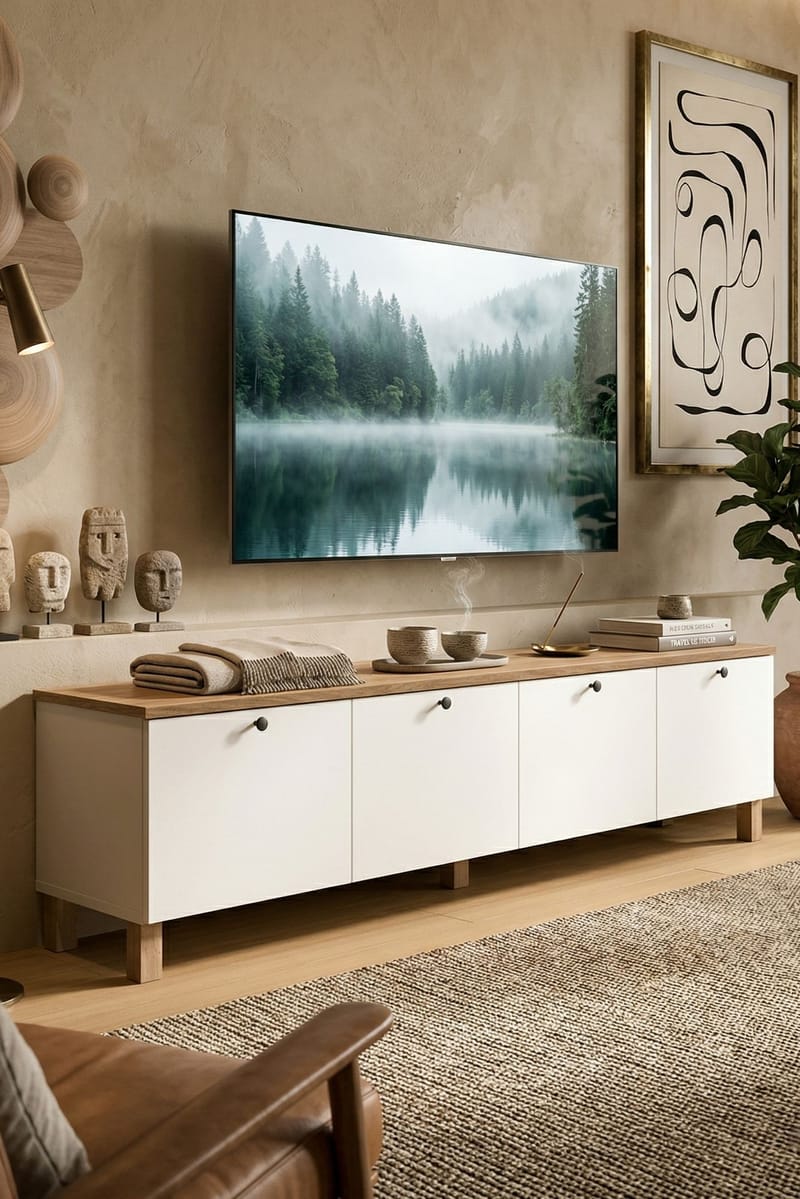Avero TV-bänk 180x45,6x34,1 cm - Vit och ek - Möbler - TV- & Mediamöbler - TV bänk & mediabänk