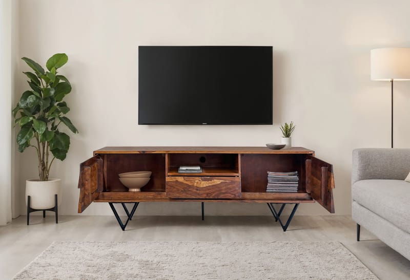Belano TV-bänk 160 cm Industriell stil - Varmbrun med svarta ben - Möbler - TV- & Mediamöbler - TV bänk & mediabänk