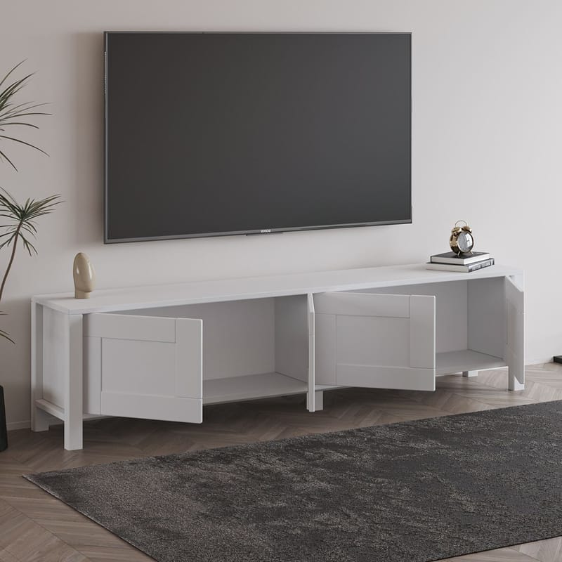 Belor Golvstående TV Bänk 160 cm med Förvaring i Målat Trä - Vit - Möbler - TV- & Mediamöbler - TV bänk & mediabänk