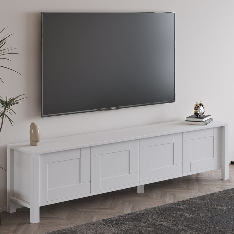 Belor Golvstående TV Bänk 160 cm med Förvaring i Målat Trä - Vit - Möbler - TV- & Mediamöbler - TV bänk & mediabänk