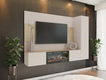 Bernice Tv-väggskåp 220 cm Elkamin med Värmefunktion och LED-belysning - beige, brun - Möbler - TV- & Mediamöbler - TV-skåp