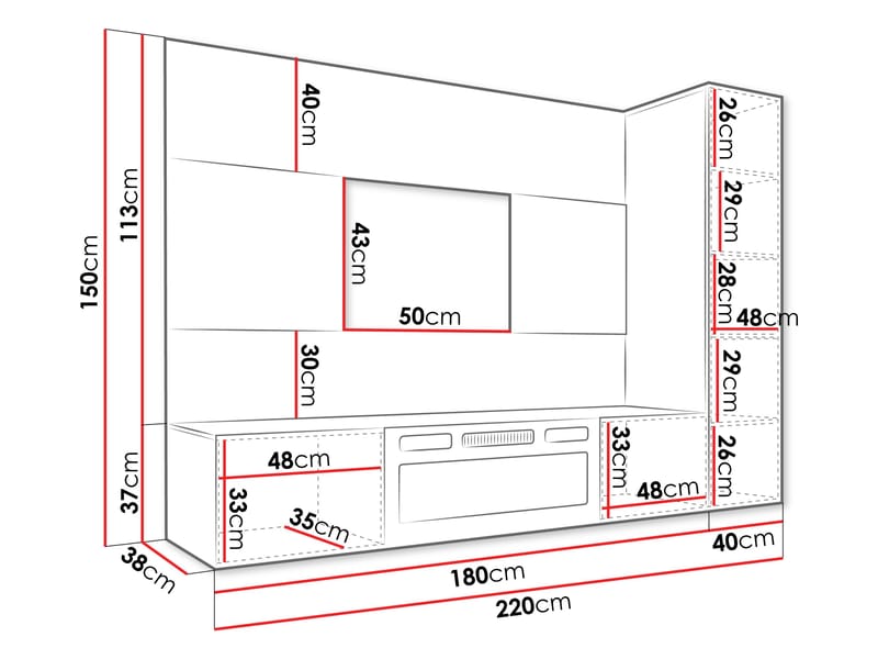 Bernice Tv-väggskåp 220 cm Elkamin med Värmefunktion och LED-belysning - brun - Möbler - TV- & Mediamöbler - TV-skåp