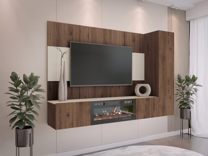 Bernice Tv-väggskåp 220 cm Elkamin med Värmefunktion och LED-belysning - brun - Möbler - TV- & Mediamöbler - TV-skåp