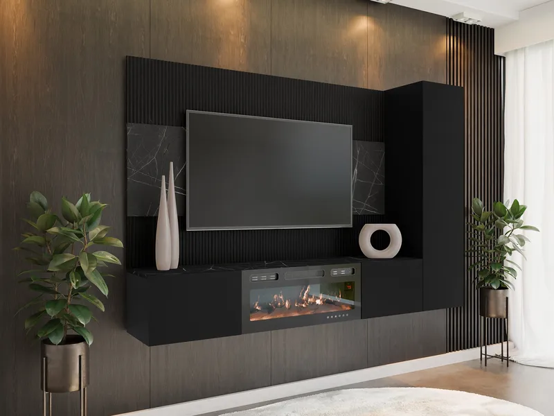 Bernice Tv-väggskåp 220 cm Elkamin med Värmefunktion och LED-belysning - svart - Möbler - TV- & Mediamöbler - TV-skåp