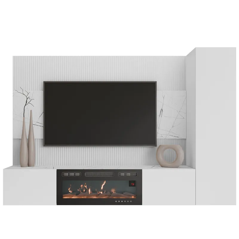 Bernice Tv-väggskåp 220 cm Elkamin med Värmefunktion och LED-belysning - vit - Möbler - TV- & Mediamöbler - TV-skåp