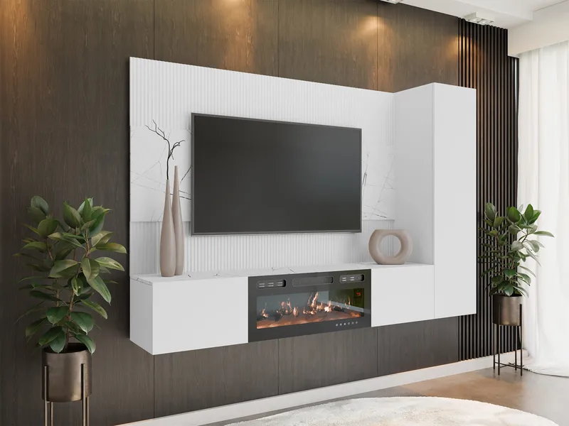 Bernice Tv-väggskåp 220 cm Elkamin med Värmefunktion och LED-belysning - vit - Möbler - TV- & Mediamöbler - TV-skåp