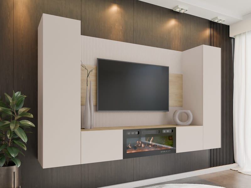 Bernice Tv-väggskåp 260 cm Elkamin med Värmefunktion och LED-belysning - beige, brun - Möbler - TV- & Mediamöbler - TV-skåp