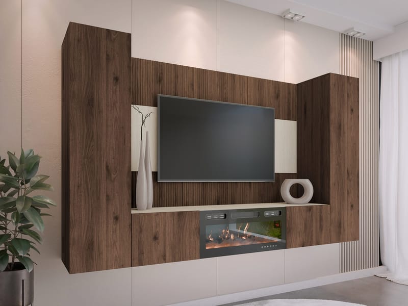 Bernice Tv-väggskåp 260 cm Elkamin med Värmefunktion och LED-belysning - brun - Möbler - TV- & Mediamöbler - TV-skåp