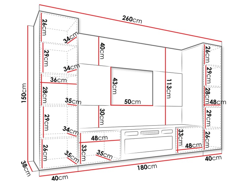 Bernice Tv-väggskåp 260 cm Elkamin med Värmefunktion och LED-belysning - svart - Möbler - TV- & Mediamöbler - TV-skåp