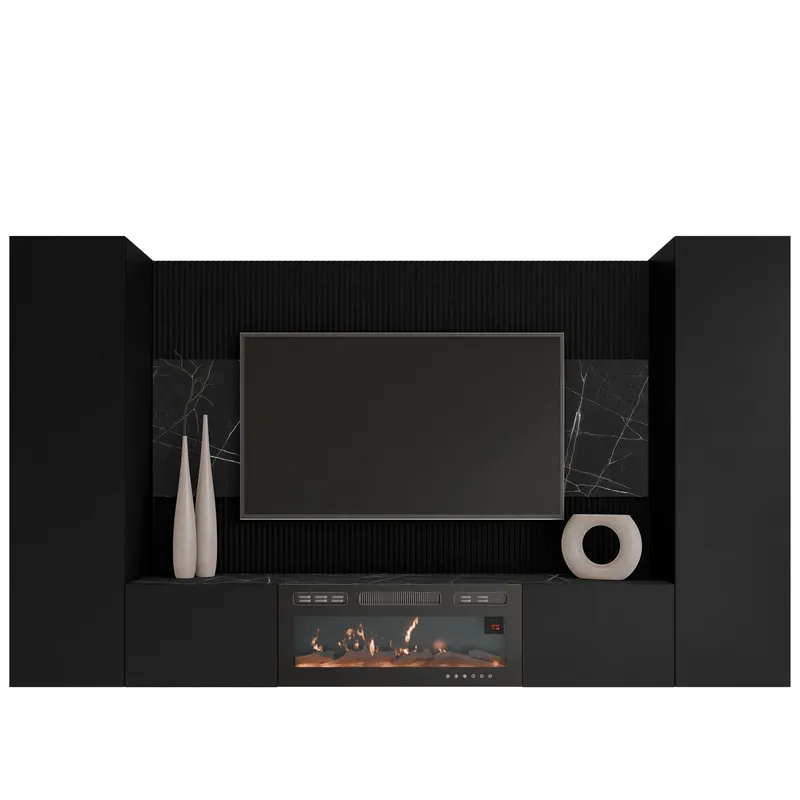 Bernice Tv-väggskåp 260 cm Elkamin med Värmefunktion och LED-belysning, svart