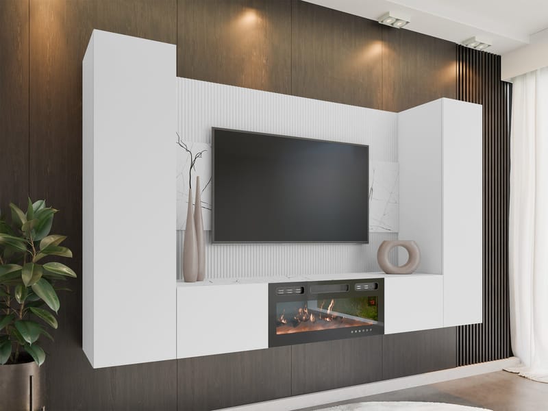 Bernice Tv-väggskåp 260 cm Elkamin med Värmefunktion och LED-belysning - vit - Möbler - TV- & Mediamöbler - TV-skåp