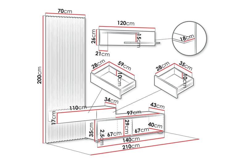 Bunkar Tv-möbelset 210x43 cm - Brun/Svart - Möbler - TV- & Mediamöbler - TV-möbelset