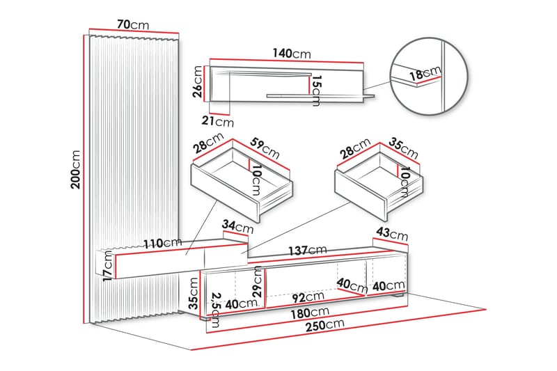 Bunkar Tv-möbelset 250x43 cm - Brun/Svart - Möbler - TV- & Mediamöbler - TV-möbelset