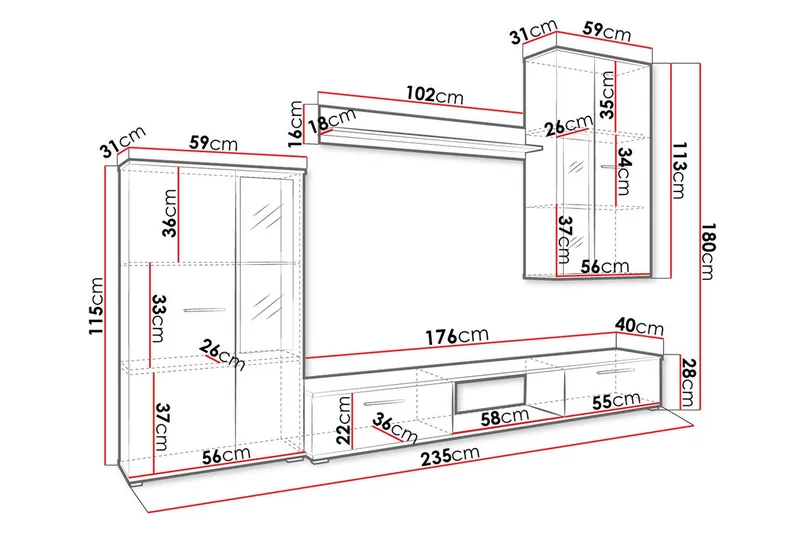 Bunta Tv-möbelset 235x40 cm - Vit - Möbler - TV- & Mediamöbler - TV-möbelset