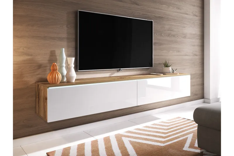 Cuguen TV-bänk 180 cm LED-belysning - Trä/Natur|Vit|Vit LED - Möbler - TV- & Mediamöbler - TV bänk & mediabänk