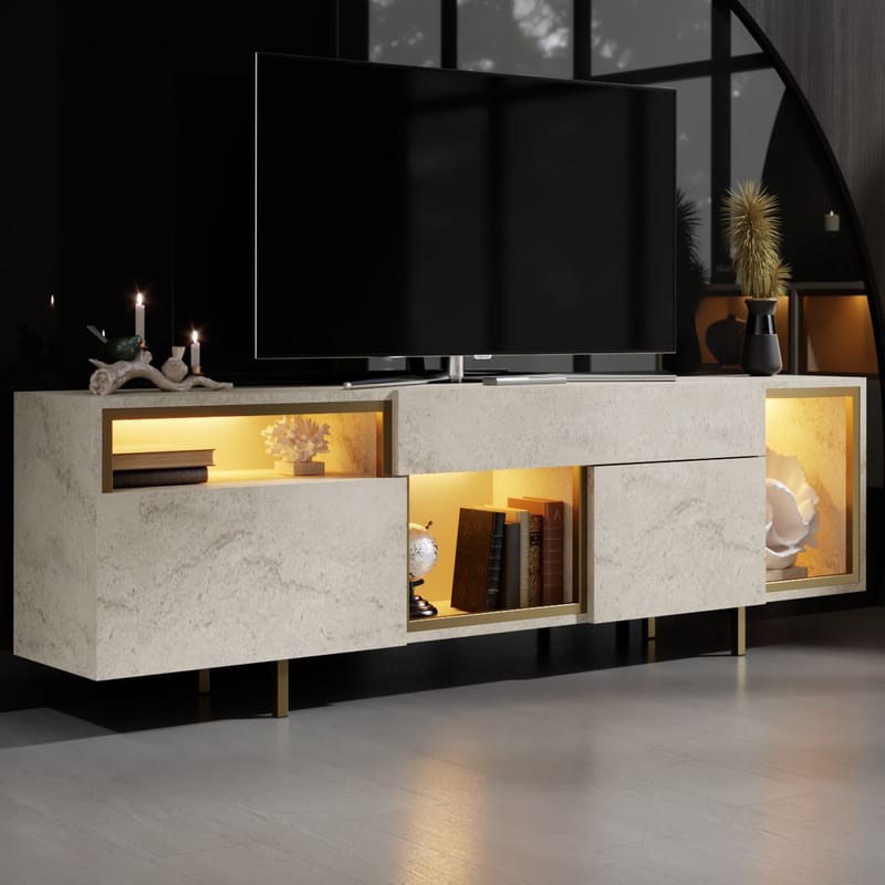 Denvar TV-bänk 180x55x32 cm - travertin och guld - Möbler - TV- & Mediamöbler - TV bänk & mediabänk