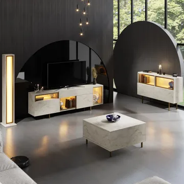 Denvar TV-bänk 180x55x32 cm - travertin och guld - Möbler - TV- & Mediamöbler - TV bänk & mediabänk